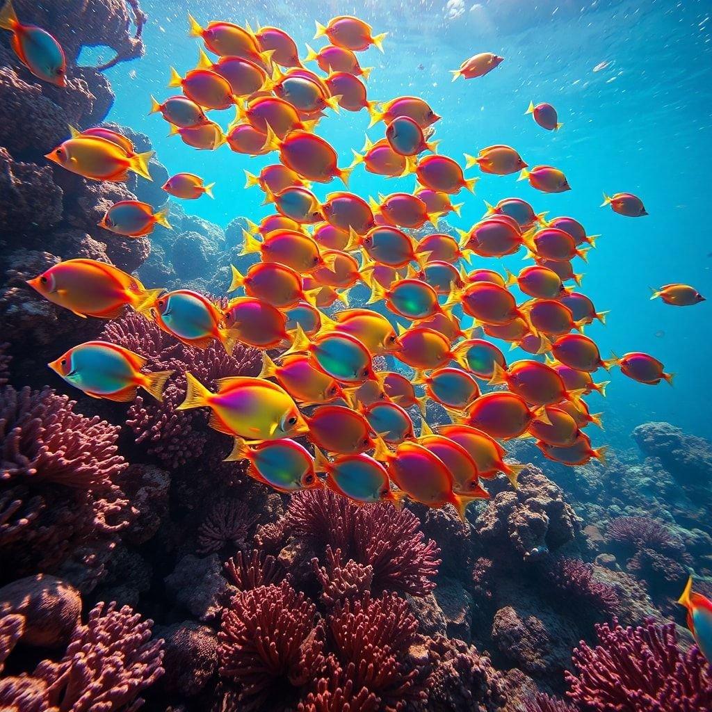 A vibrant scene from the deep sea, where the colorful schools of fish are swimming in a coral reef. The image captures a moment of underwater beauty with its array of pink, red, and yellow hues.