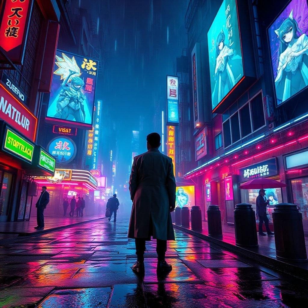 Mergulhe no vibrante mundo do anime cyberpunk, onde luzes de néon e tecnologia futurista se misturam com o mistério de uma figura solitária em um longo casaco.