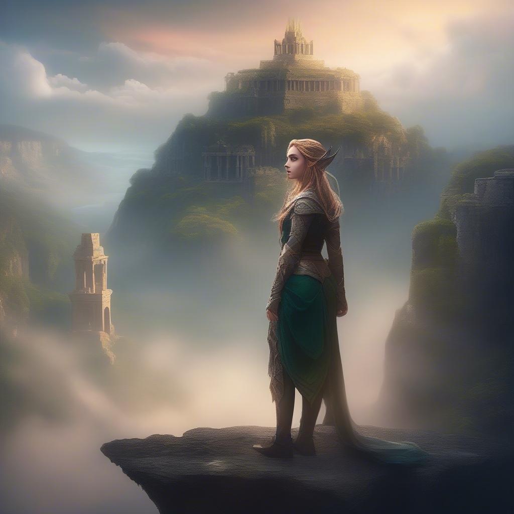 A fantastical adventure on a perilous ledge. The queen, an elven guardian, stands at the edge of her realm, overlooking the mystical kingdom that lies beyond.