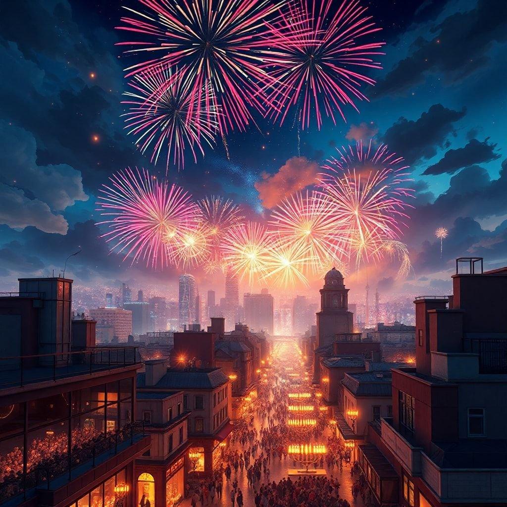 A bustling city street at night, filled with people celebrating Hanukkah. Fireworks illuminate the sky and buildings, casting a warm glow on the crowd below.