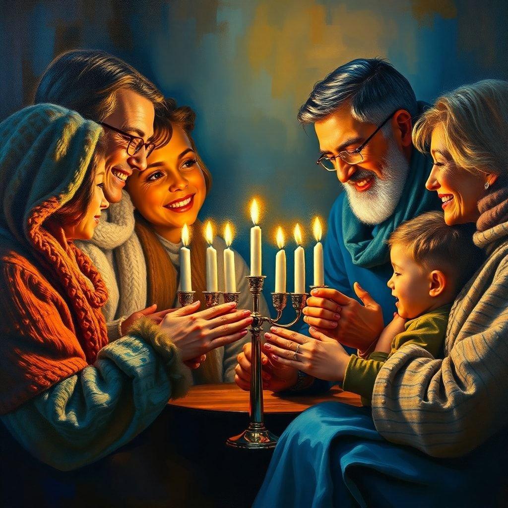 A family shares in the joy of lighting candles during the Festival of Lights.