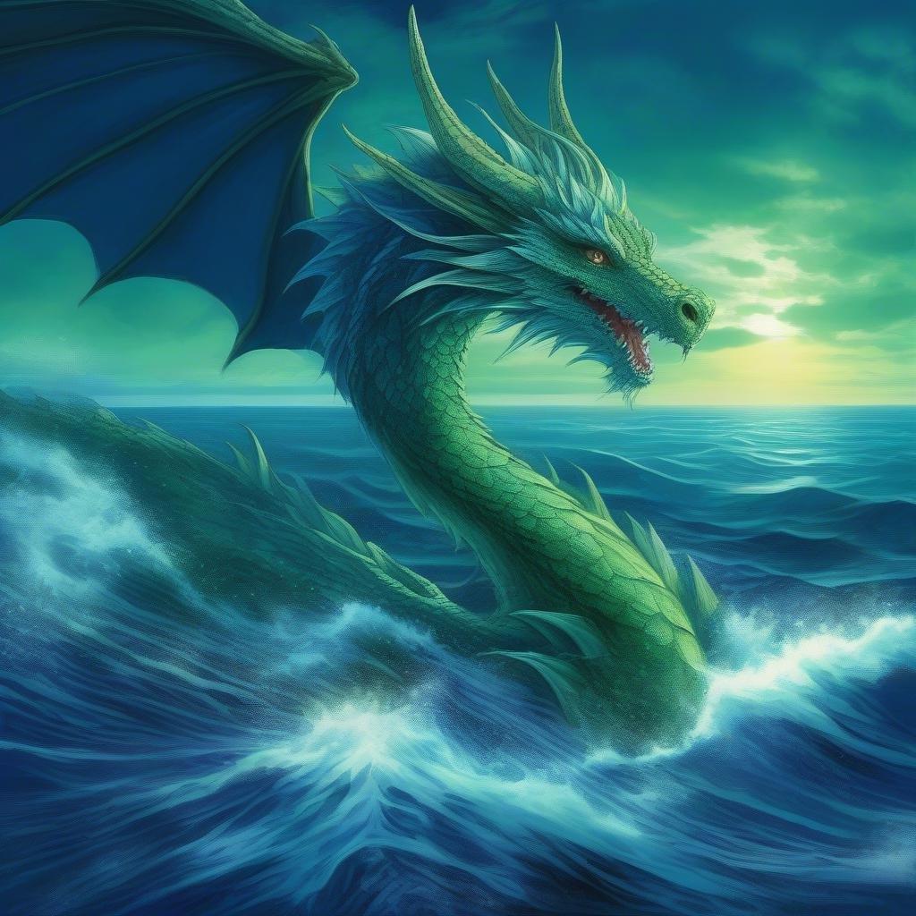 An enchanting dragon ascends from the deep blue ocean under a brooding sky, embodying both the raw power of nature and the mythical allure of fantasy anime.