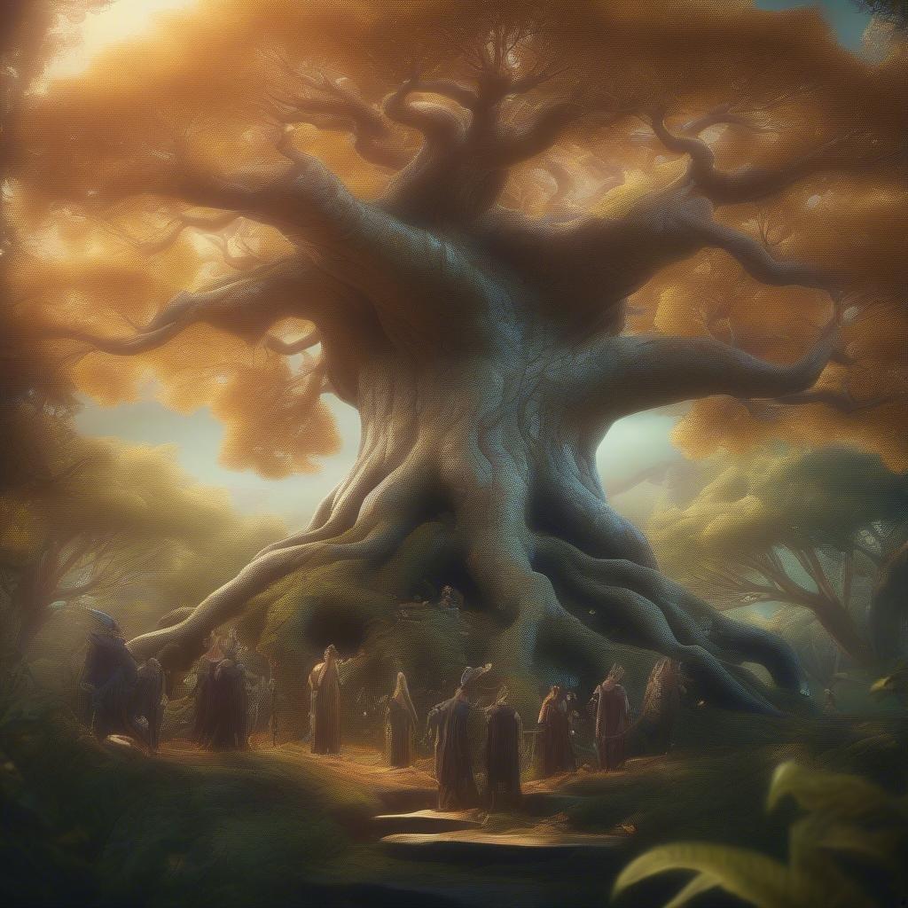 A group of people gather around a majestic tree, surrounded by an aura of magic and wonder. The tree's twisted branches stretch towards the sky, its leaves glowing with an ethereal light.