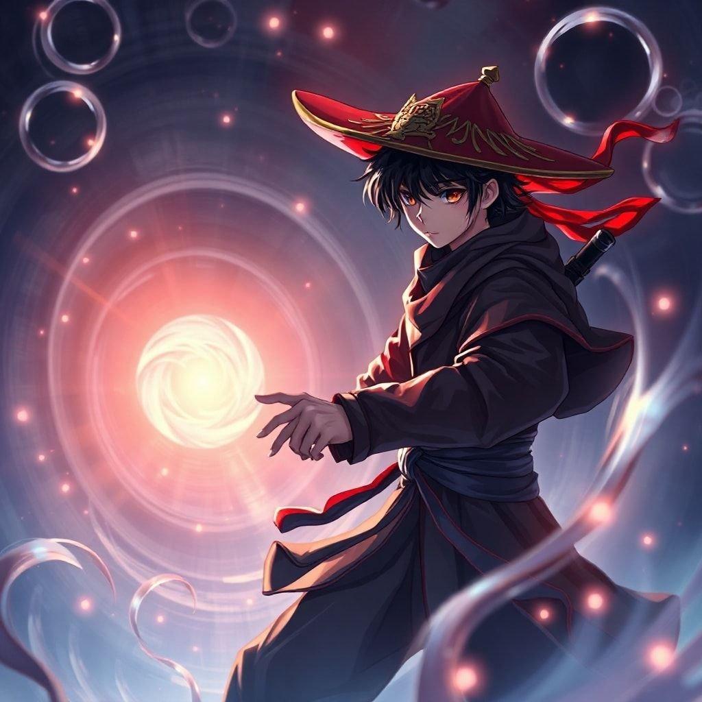 This captivating anime wallpaper features a young ninja navigating through a maze of illusions created by an enigmatic woman. The detailed digital illustration showcases the ninja's intricate outfit, adorned with a striking red and gold hat, set against a dark background that creates an enchanting atmosphere.