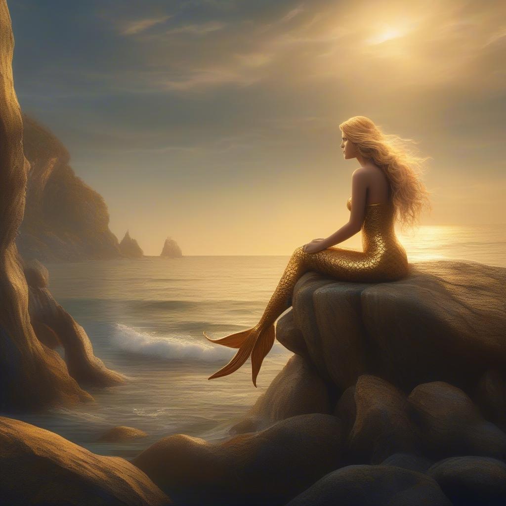 A beautiful mermaid sits on a rock by the ocean, gazing out at the breathtaking sunset. The sky is painted with hues of yellow and orange, while the water is calm and peaceful. It's a serene and magical scene that's perfect for anyone who loves the ocean and its creatures.