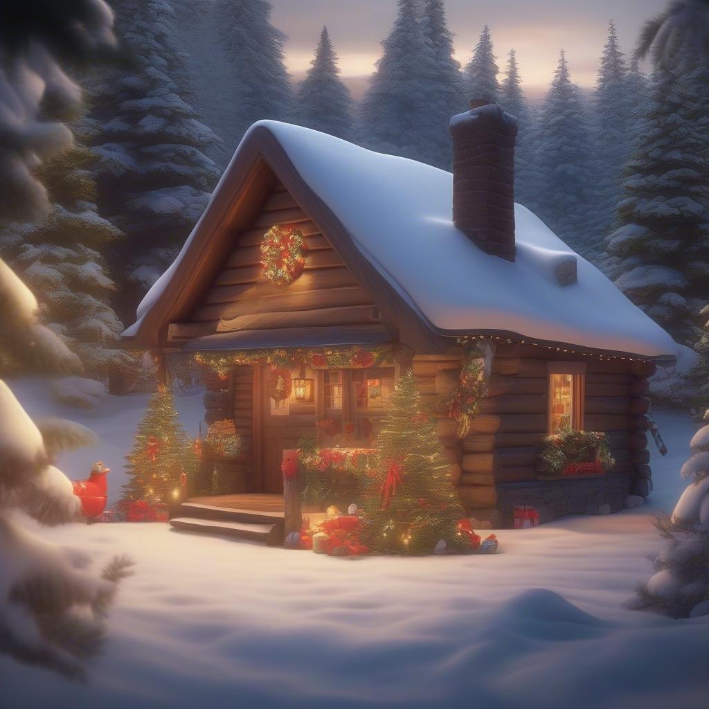 This festive winter wallpaper features a cozy cabin nestled in the snow-covered woods, perfect for the holiday season.