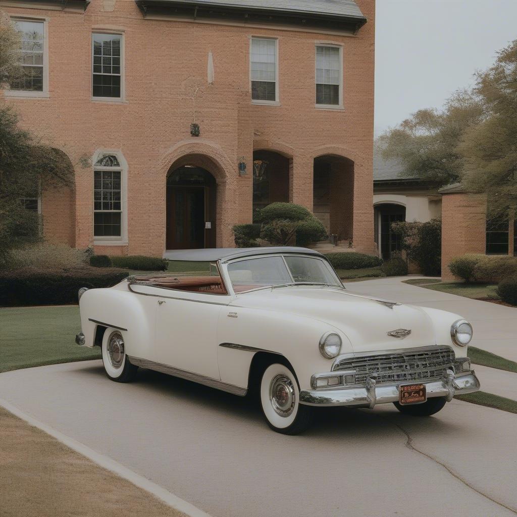 A classic car parked in front of a house, exuding a sense of nostalgia.