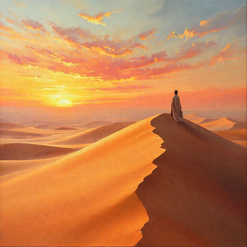 As the sun rises over the sand dunes, one person finds solace in the vast desert landscape. The serene environment offers a chance for introspection and reflection, away from the hustle and bustle of everyday life.