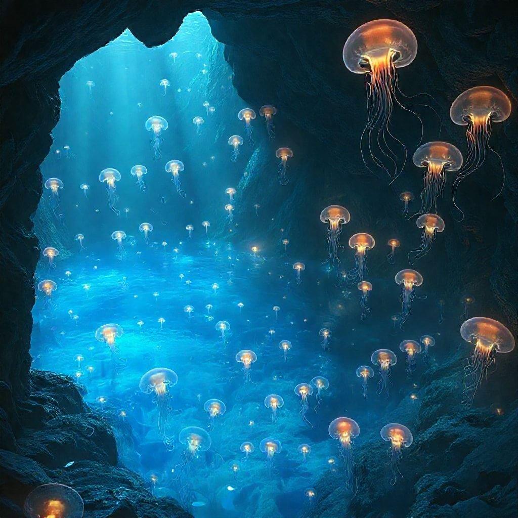 A magical underwater cave bathed in luminescent jellyfish. The glowing creatures add a mystical touch to this fantastical scene.