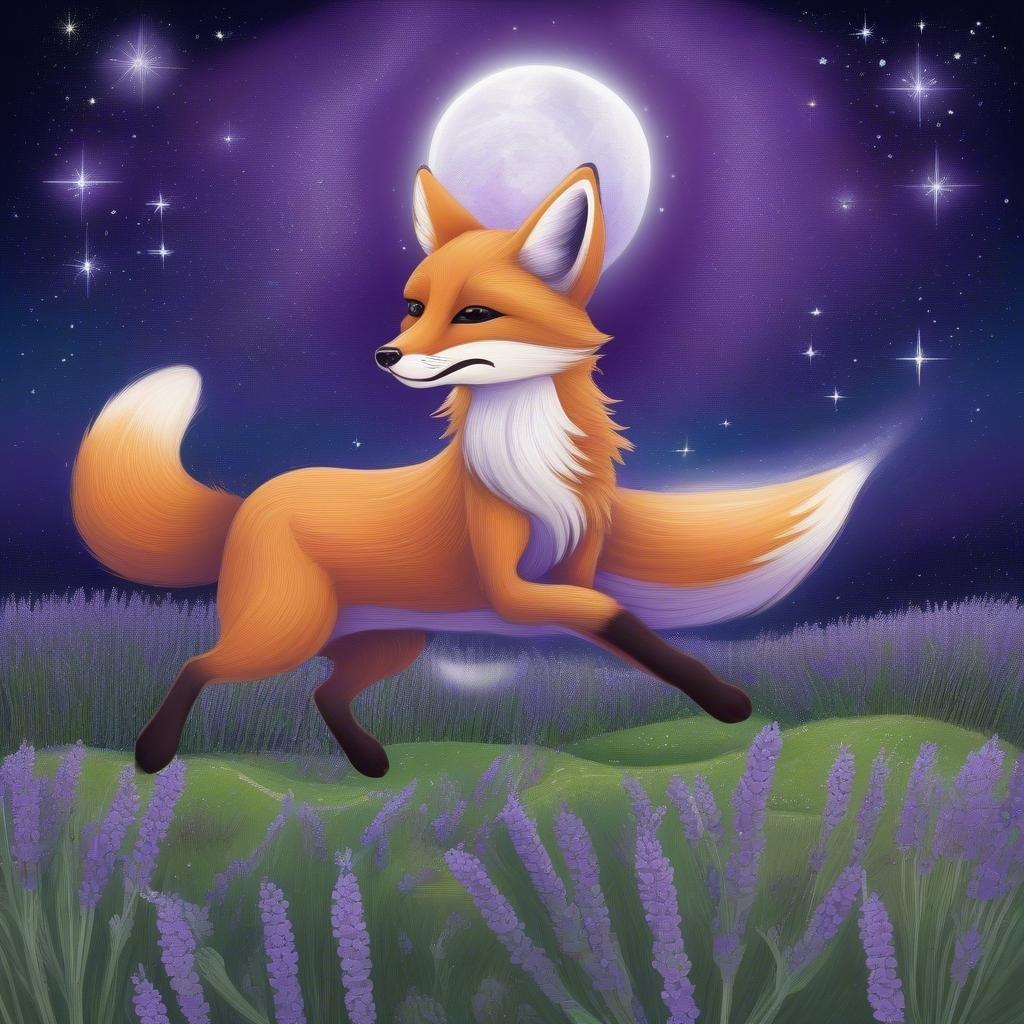 A mesmerizing scene unfolds under the night sky, where a fox spirit dances gracefully in a field of lavender. The vibrant purple and green hues of its fur stand out against the starry backdrop, as its large, expressive eye seems to gaze into the mystical world above. A smaller figure of the fox on the left adds a dynamic touch to the image, adding an element of movement that complements the serene atmosphere. This anime-inspired illustration captures a moment of magical tranquility, where nature's beauty and the otherworldly come together in harmony.