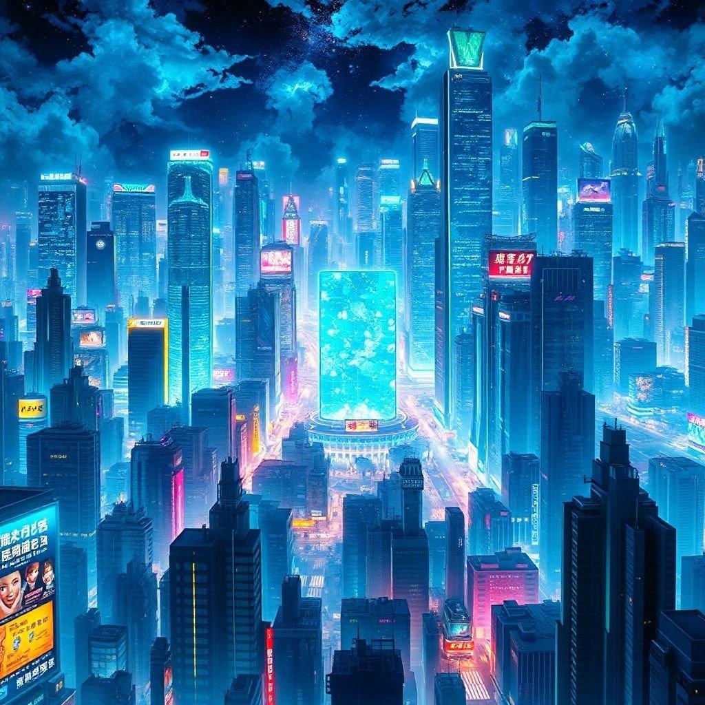 Une ville anime animée sous le ciel nocturne, où les lumières au néon illuminent les gratte-ciels et les publicités ajoutent une touche de charme futuriste.