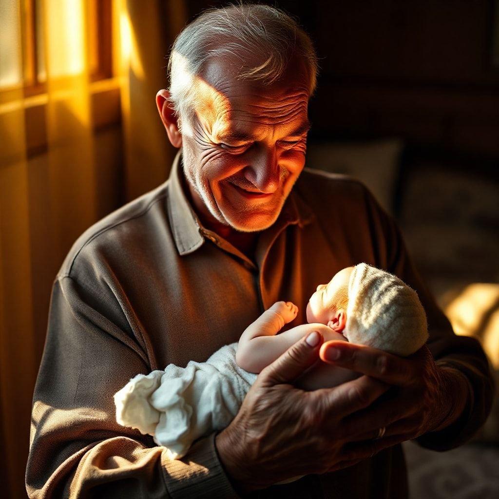 A heartwarming moment between a grandfather and his newborn grandchild, captured in this beautiful photo.