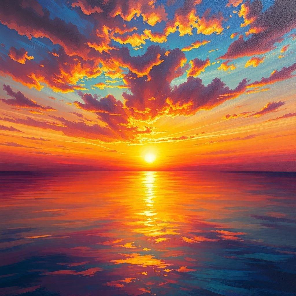 Vibrant sunset illuminates the sky as the ocean gently ripples below.