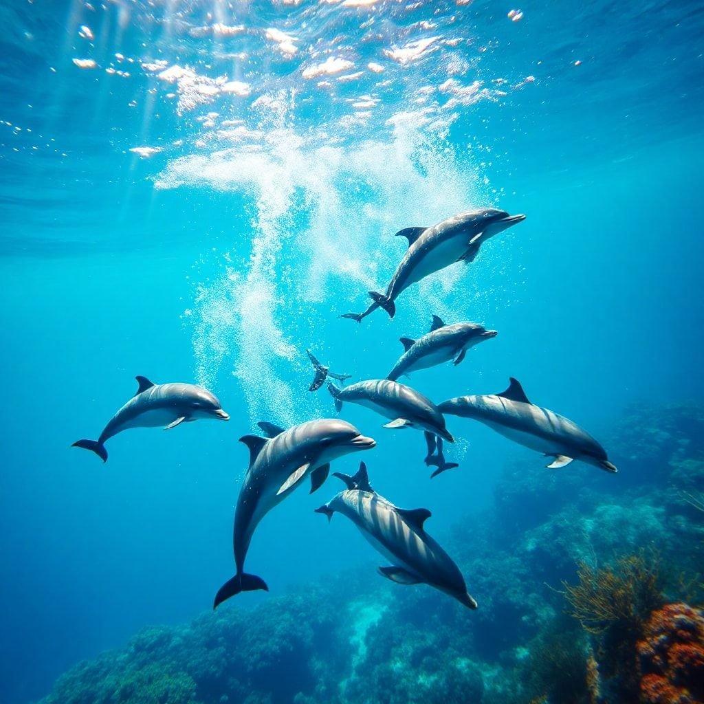 A family of dolphins frolicking in the clear ocean waters.