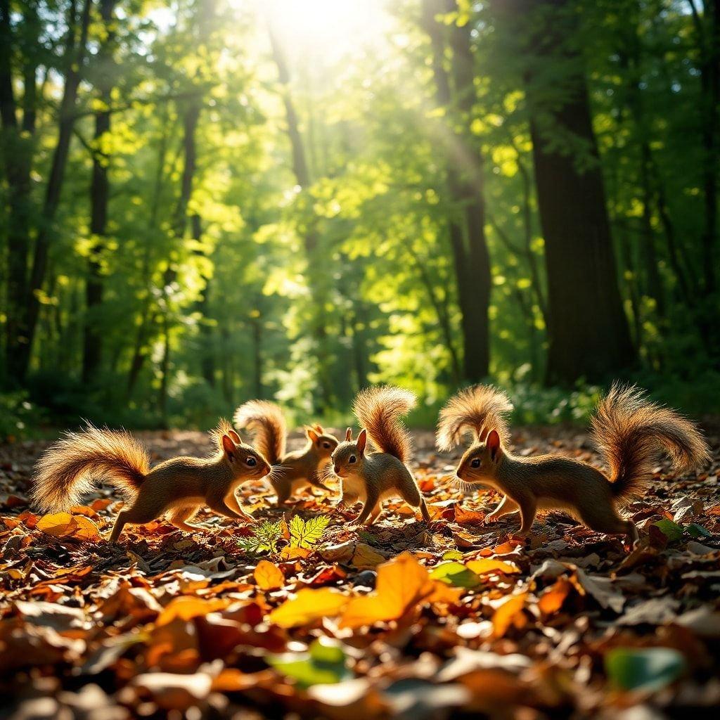 In this vibrant scene, a small group of squirrels are busy collecting fallen leaves in a forest clearing. Their joyful playtime is set against the backdrop of a sunlit autumn day, with trees adorned in hues of orange and yellow that signify the season's change.