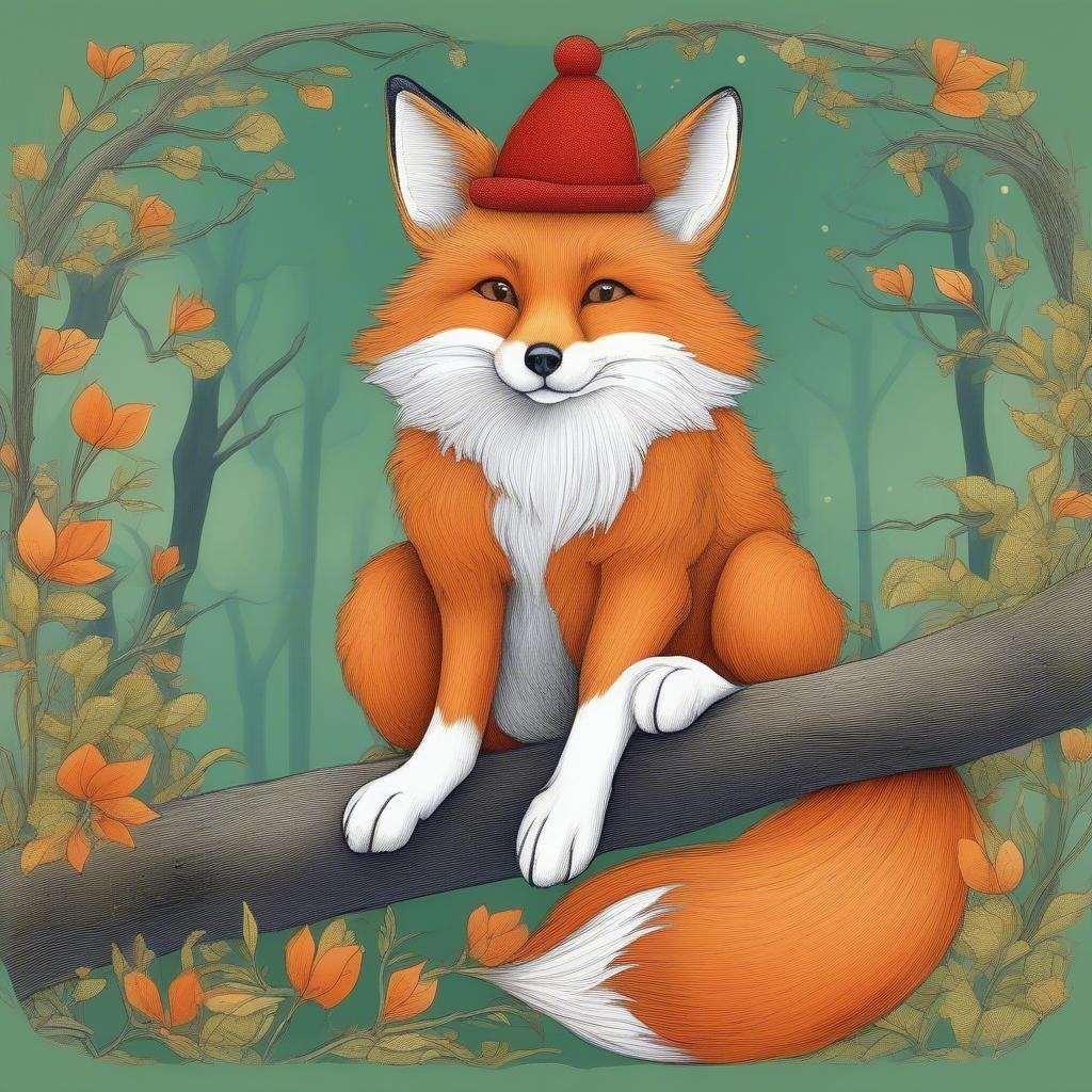 En charmig digital illustration som skildrar en mytisk Kitsune-räv som sitter på en gren och njuter av den lugna atmosfären i en skog. Räven, med sin slående orangea päls och vita fläckar, är accessorized med två hattar, en blå och en röd, vilket ger en förtrollande element till scenen. Det detaljerade konstverket fångar ett ögonblick av stillhet, med räven som centralfigur, omgiven av frodig grönska.