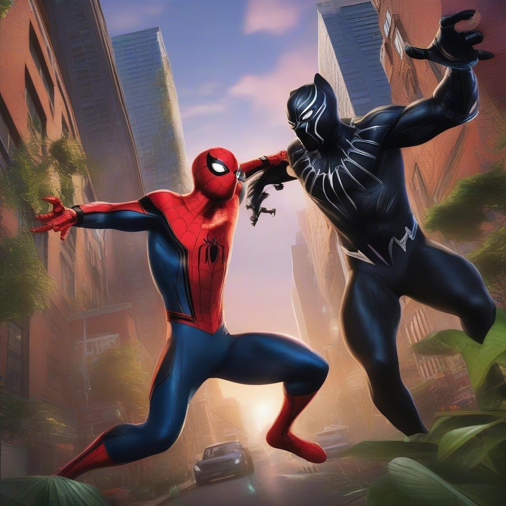 In an epic showdown, Spider-Man takes on Black Panther in a city skyline that seems to blend the realms of reality with those of superhero fantasy.