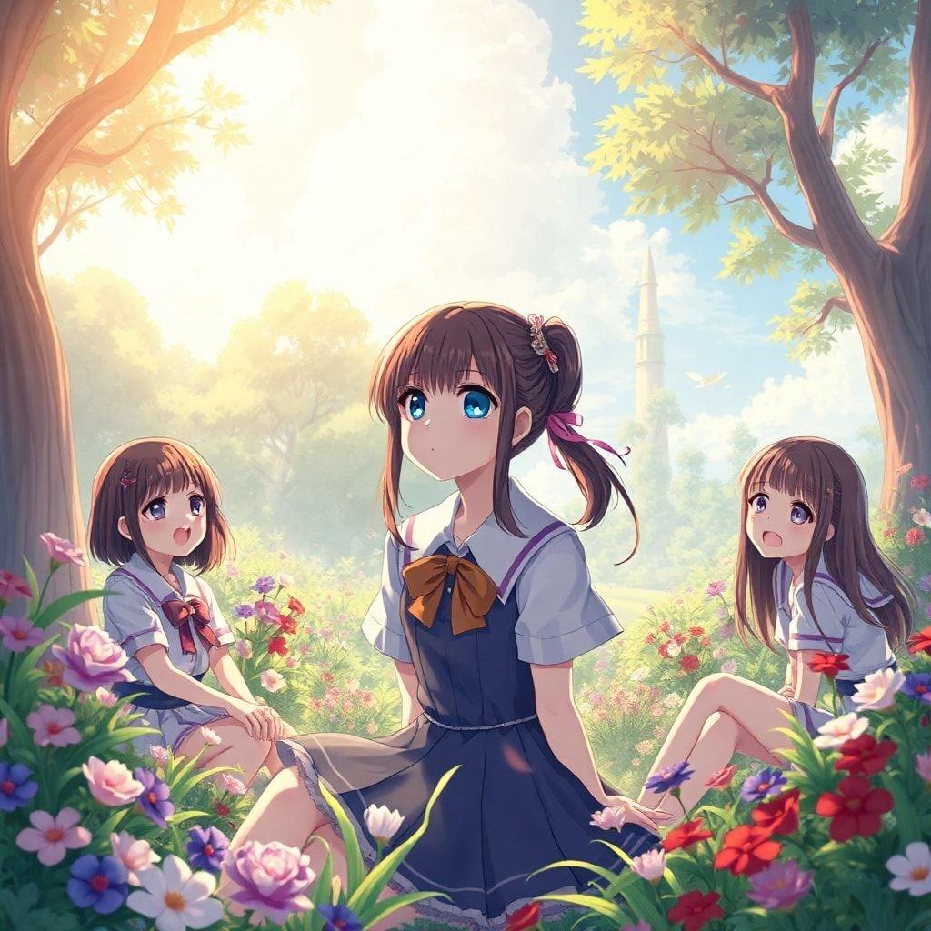 Sumérgete en una escena serena y encantadora que presenta a chicas de anime en un jardín mágico, capturada en un momento de tranquilidad.