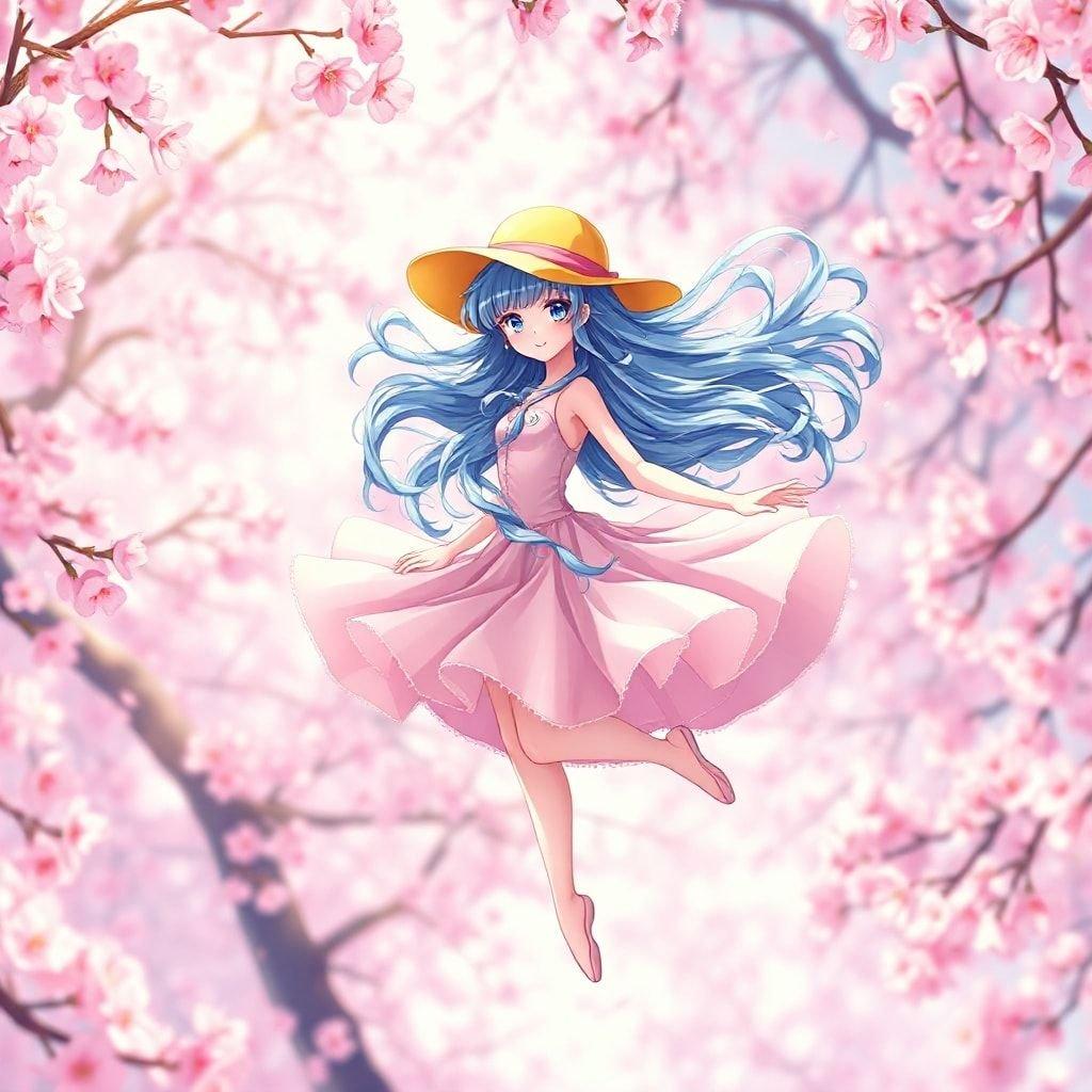 This wallpaper features a beautiful anime ballerina floating in a whirlwind of pink cherry blossoms, with a yellow hat and pink skirt. The background is a blur of pink cherry blossoms, adding depth to the scene.