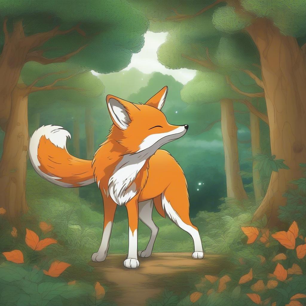 Une illustration d'anime d'un esprit renard vibrant se promenant dans une forêt japonaise mystique au crépuscule. Le pelage orange et blanc du renard se détache contre le feuillage vert luxuriant et le ciel éthéré.