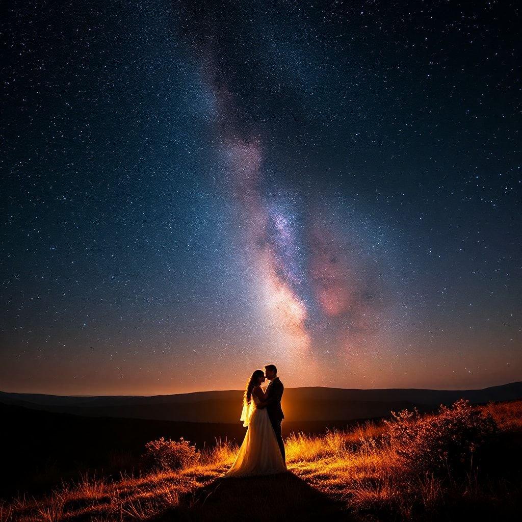 A beautiful moment captured under the starry night sky, as a couple shares a romantic embrace, surrounded by the breathtaking beauty of the Milky Way.