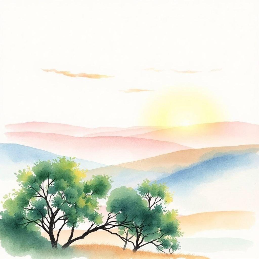 An elegant, serene view of a sunset over rolling hills at dusk.