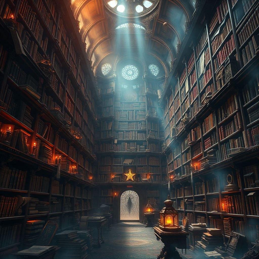 Step into a world of wonder and magic with this enchanting fantasy wallpaper. The grand, ornate library is filled with towering shelves of ancient tomes and mysterious artifacts, inviting you to explore the secrets of the mystical realm.