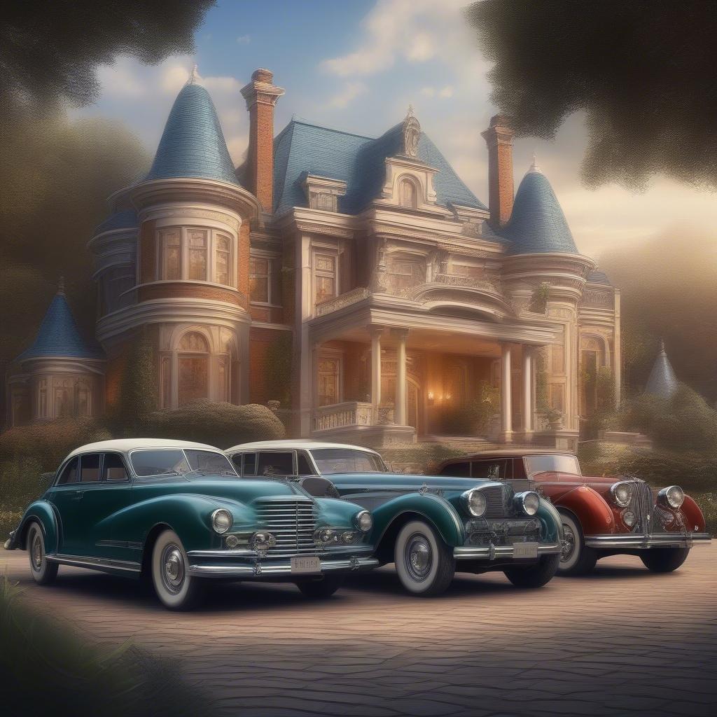 A beautiful wallpaper featuring three vintage cars in front of a stunning mansion, perfect for desktop and mobile use.