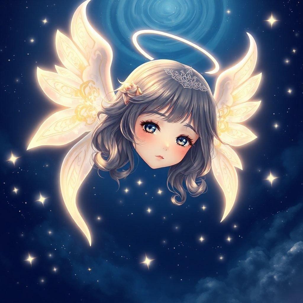 Esta cativante ilustração digital apresenta uma garota angelical etérea com padrões intrincados no rosto e nas asas, flutuando serenamente em um céu noturno estrelado.