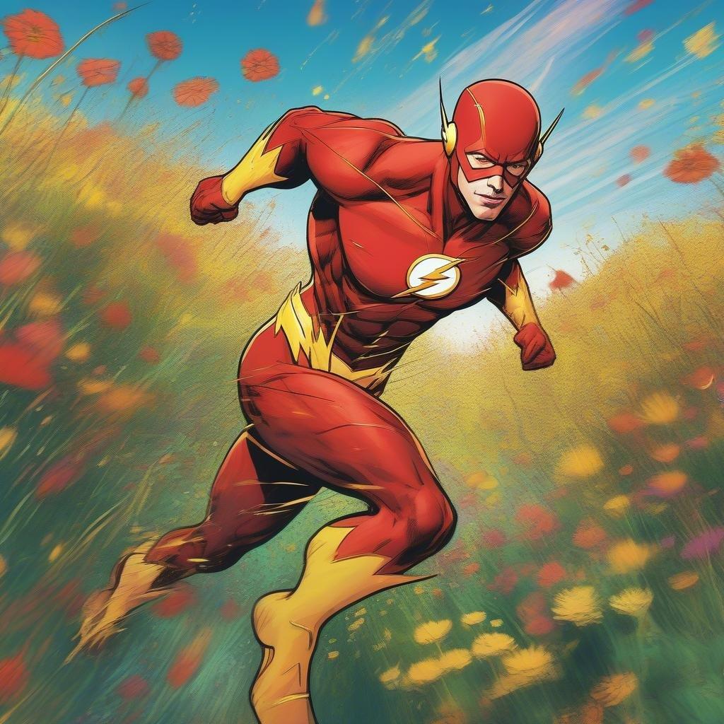 Get ready to be blown away by the speed and agility of the Flash, as he zooms through a field of wildflowers in this stunning wallpaper.