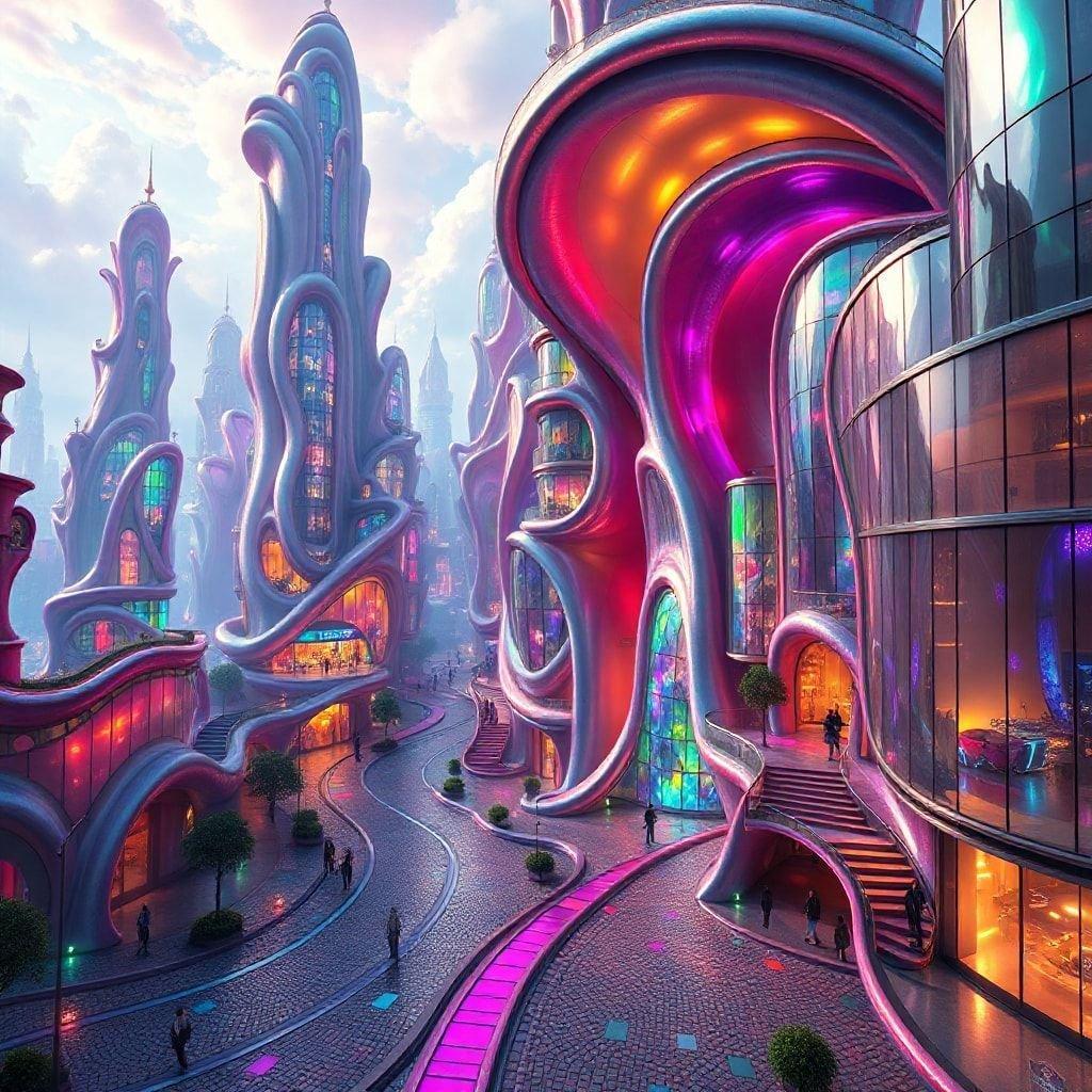 Cette image est un exemple époustouflant d'architecture futuriste, avec des bâtiments élégants et modernes qui semblent défier la gravité. Le paysage urbain est rempli de couleurs vives et de détails complexes, ce qui en fait une œuvre d'art vraiment unique et captivante.