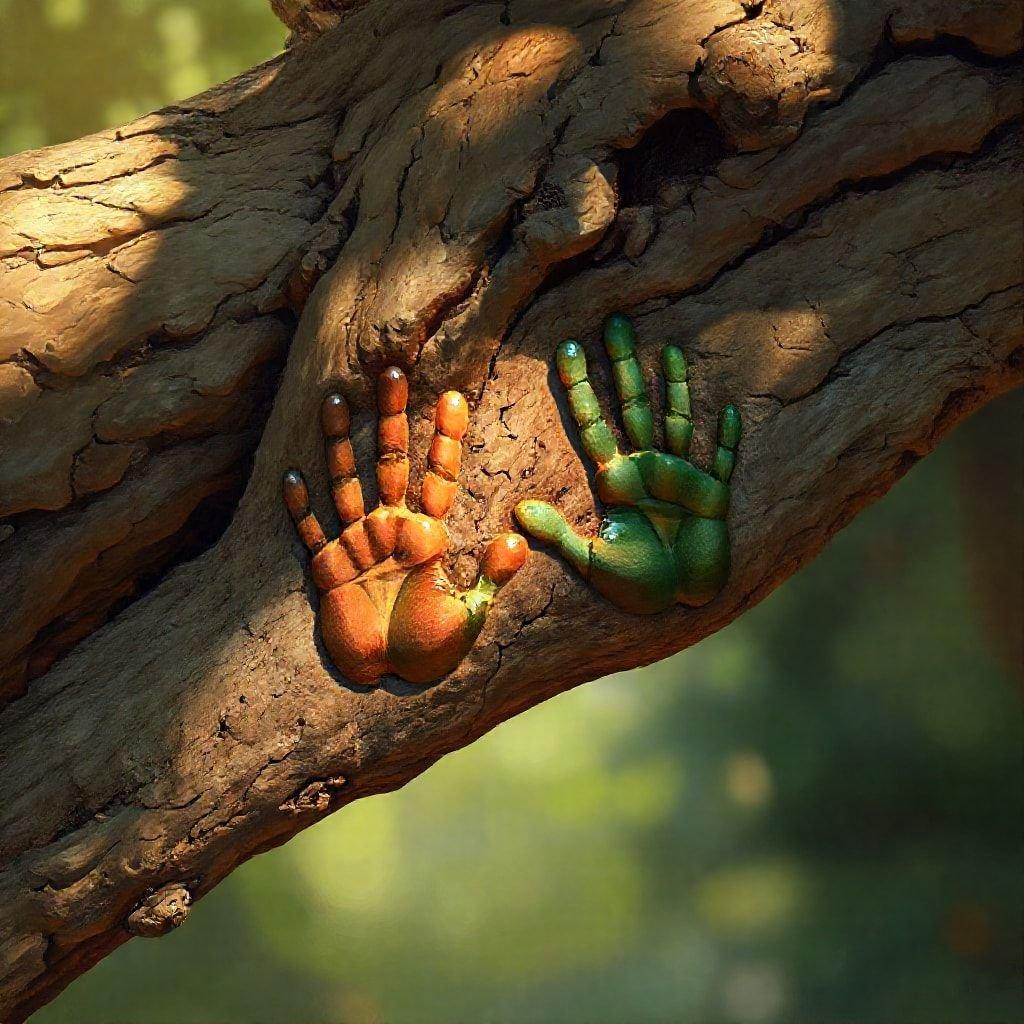 A whimsical scene celebrating Father's Day with tree trunks adorned by hands in vibrant colors of green and orange. A heartwarming image for all ages.