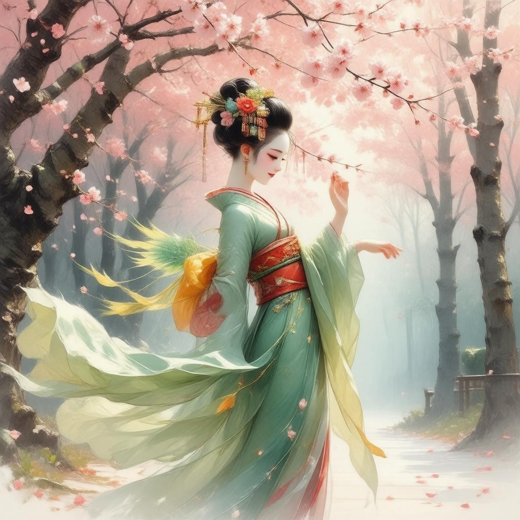 Step into a serene and enchanting world with this anime-inspired wallpaper, where a delicate geisha dances under the vibrant canopy of a cherry blossom tree.