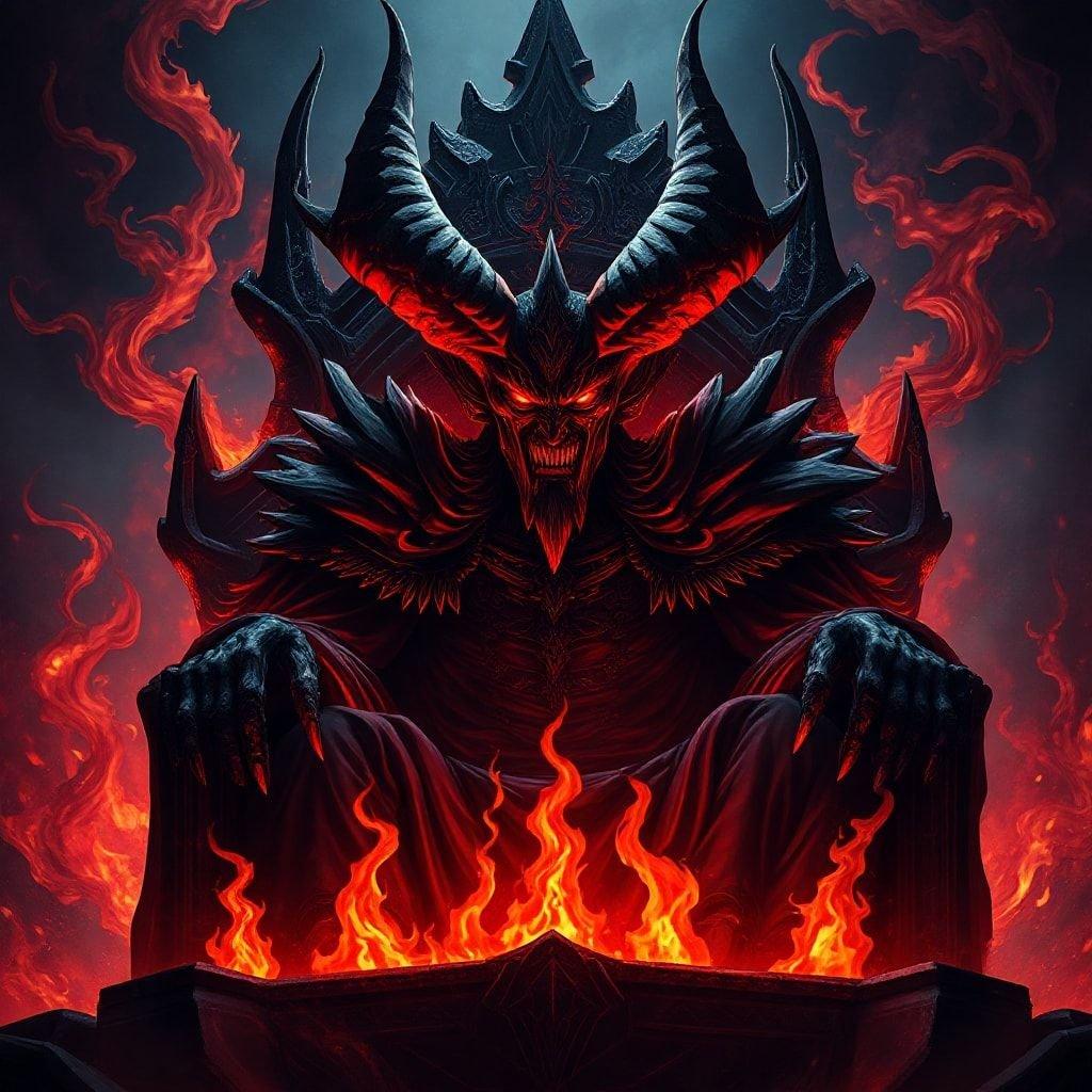 Experience the dark anime world with this fiery demon lord wallpaper. The fierce horned devil king sits atop his throne, surrounded by a dramatic flame backdrop, making this image perfect for those who enjoy a touch of fantasy on their screens.