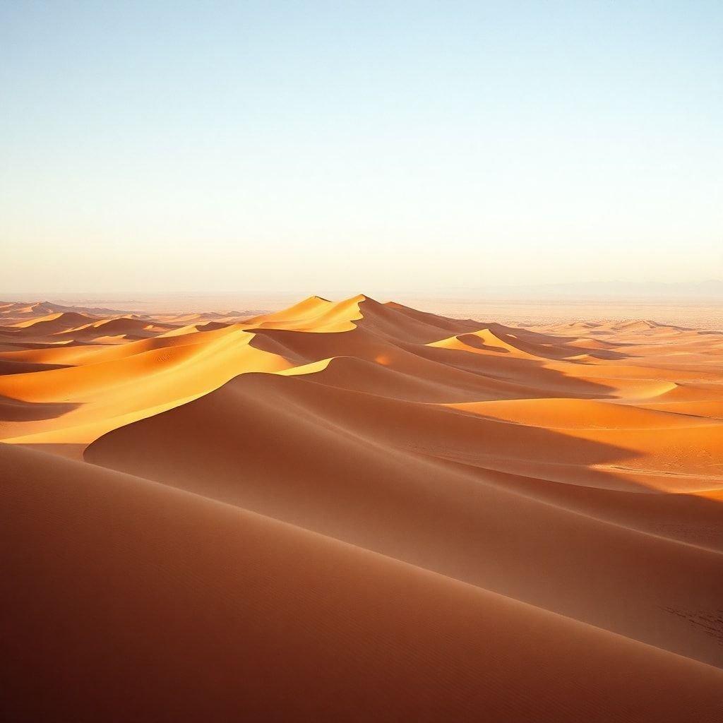 The golden hour in the vast, arid desert landscape, with soft dunes and a tranquil sky.