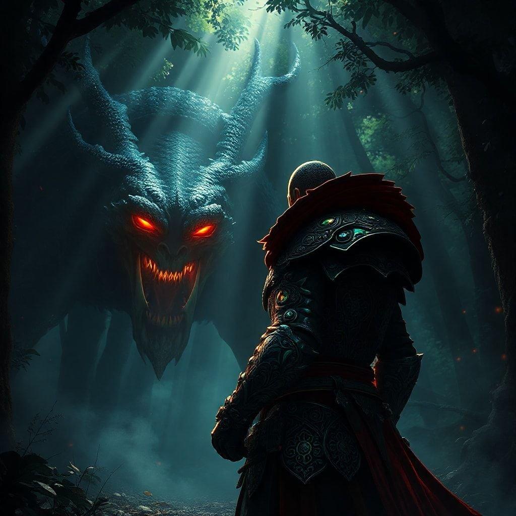 A fantasy warrior stands ready to face a powerful dragon in a dark forest, showcasing bravery and determination.