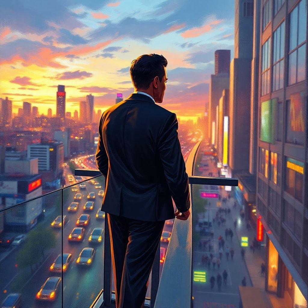 A man in a suit looking out over a cityscape at sunset, capturing the essence of urban sophistication and the beauty of the natural world.