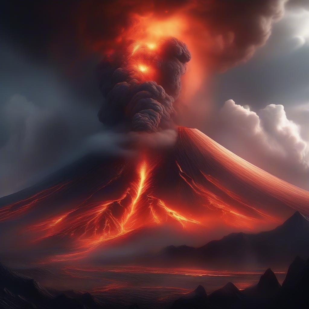 A 3D rendered volcano eruption, with lava flowing from the center and clouds of ash billowing upwards.