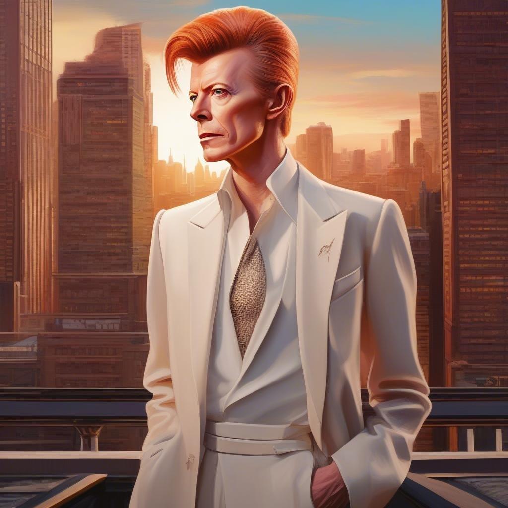 Cette magnifique illustration numérique capture l'essence du style et du charisme emblématiques de David Bowie, sur fond de coucher de soleil urbain à couper le souffle.