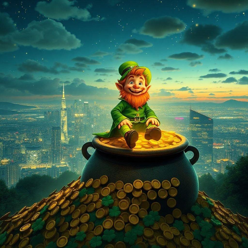 Get into the spirit of St. Patrick's Day with this fun and festive wallpaper featuring a happy leprechaun sitting on a pot of gold.