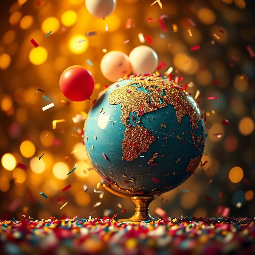 A world globe adorned with confetti, marking the joyous occasion of New Year's Eve. The colors and shapes of the confetti suggest a festive atmosphere. A symbolic representation of global unity and happiness.