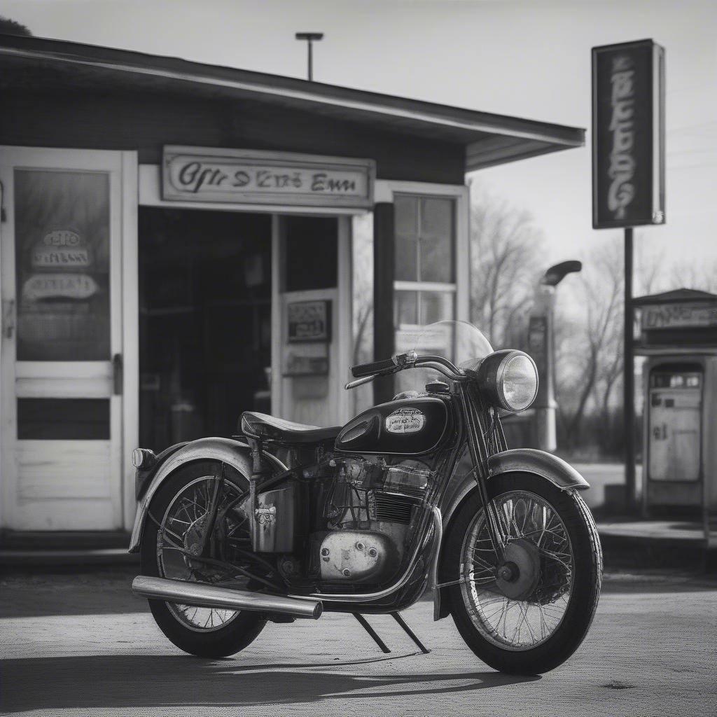 This black and white image captures the timeless charm of a vintage motorcycle. The classic design is accentuated by its placement in front of an old-fashioned gas station, creating a sense of nostalgia that's perfect for desktop or mobile wallpapers.