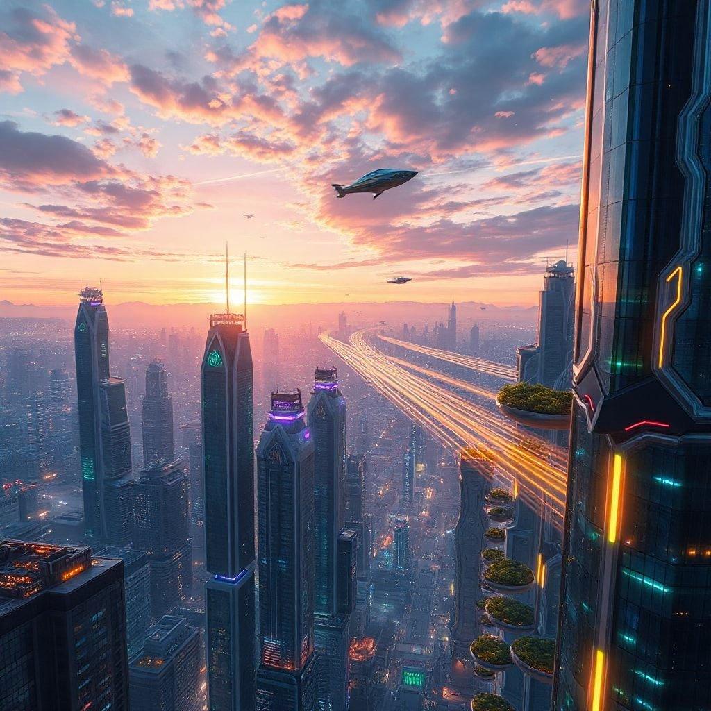 A bustling city skyline during sunset, with futuristic architecture and flying vehicles. An aerial view capturing the essence of a high-tech urban landscape.