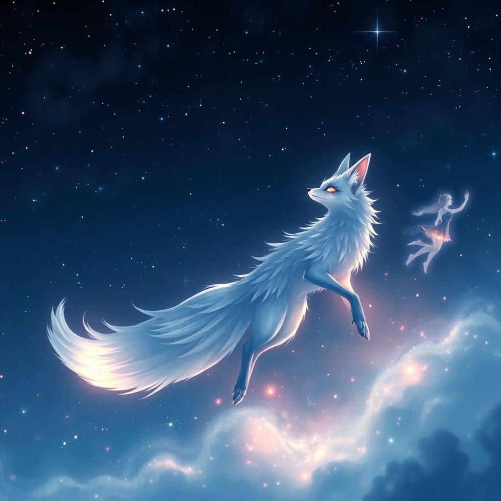 A mesmerizing digital illustration showcasing a fox spirit soaring amidst the starry night sky. The blue and white fur of the fox contrasts beautifully with its orange eyes, as it gazes towards the dancer's dream, creating an enchanting and serene scene.