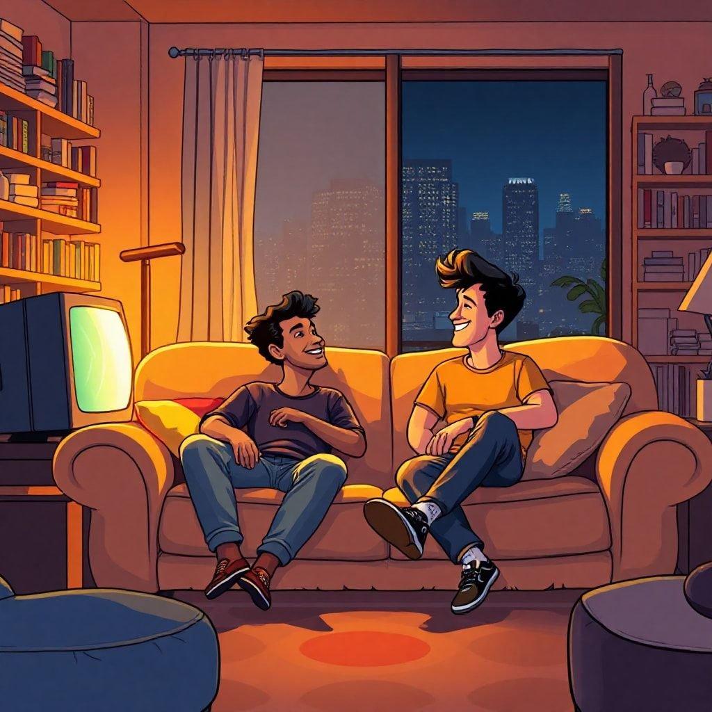 Two friends sitting on a couch, engaged in conversation. The scene conveys a casual atmosphere with the room dimly lit by a cityscape outside.