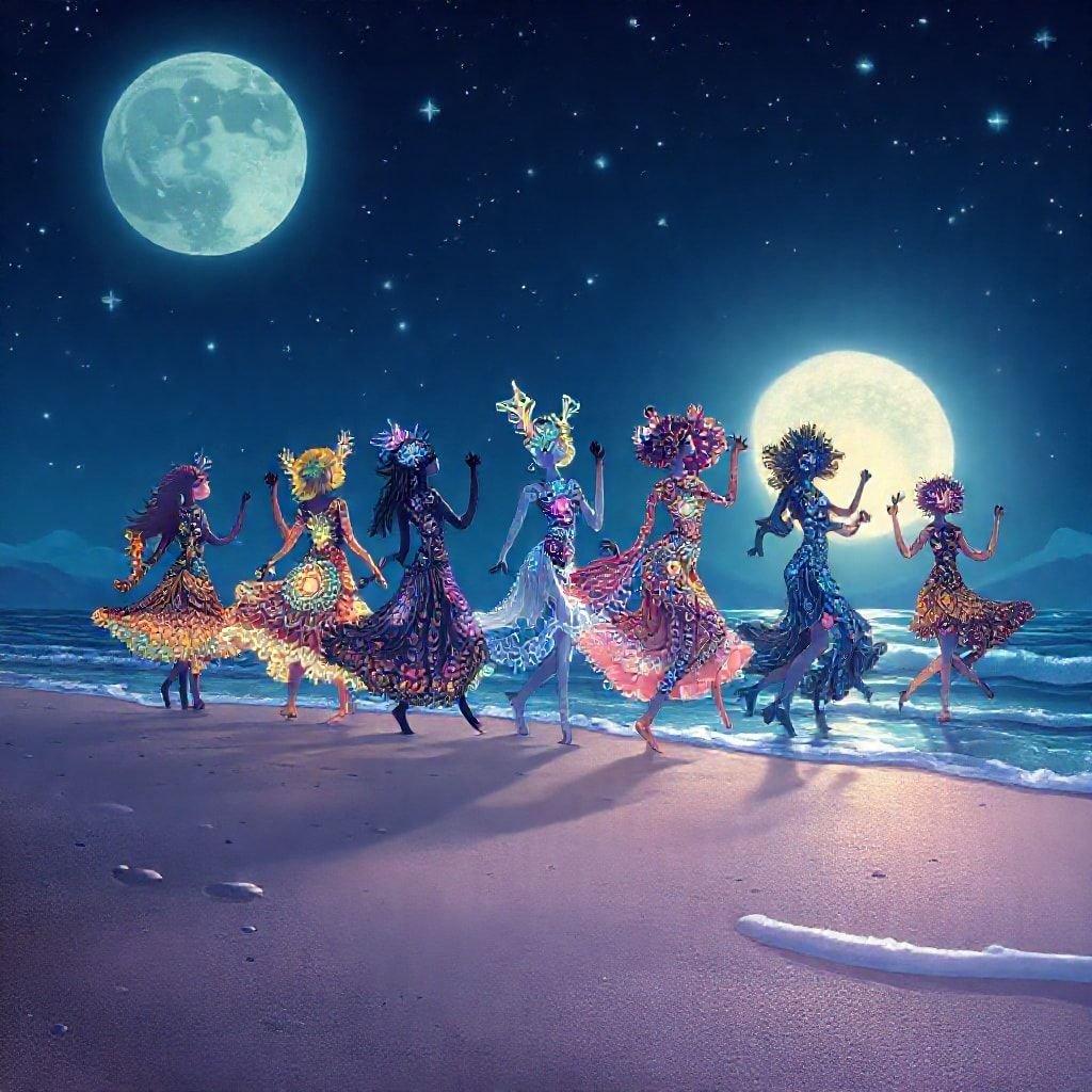 A breathtaking anime-style illustration of a group of beings dancing on a moonlit beach, their bodies adorned with intricate patterns and vibrant colors.