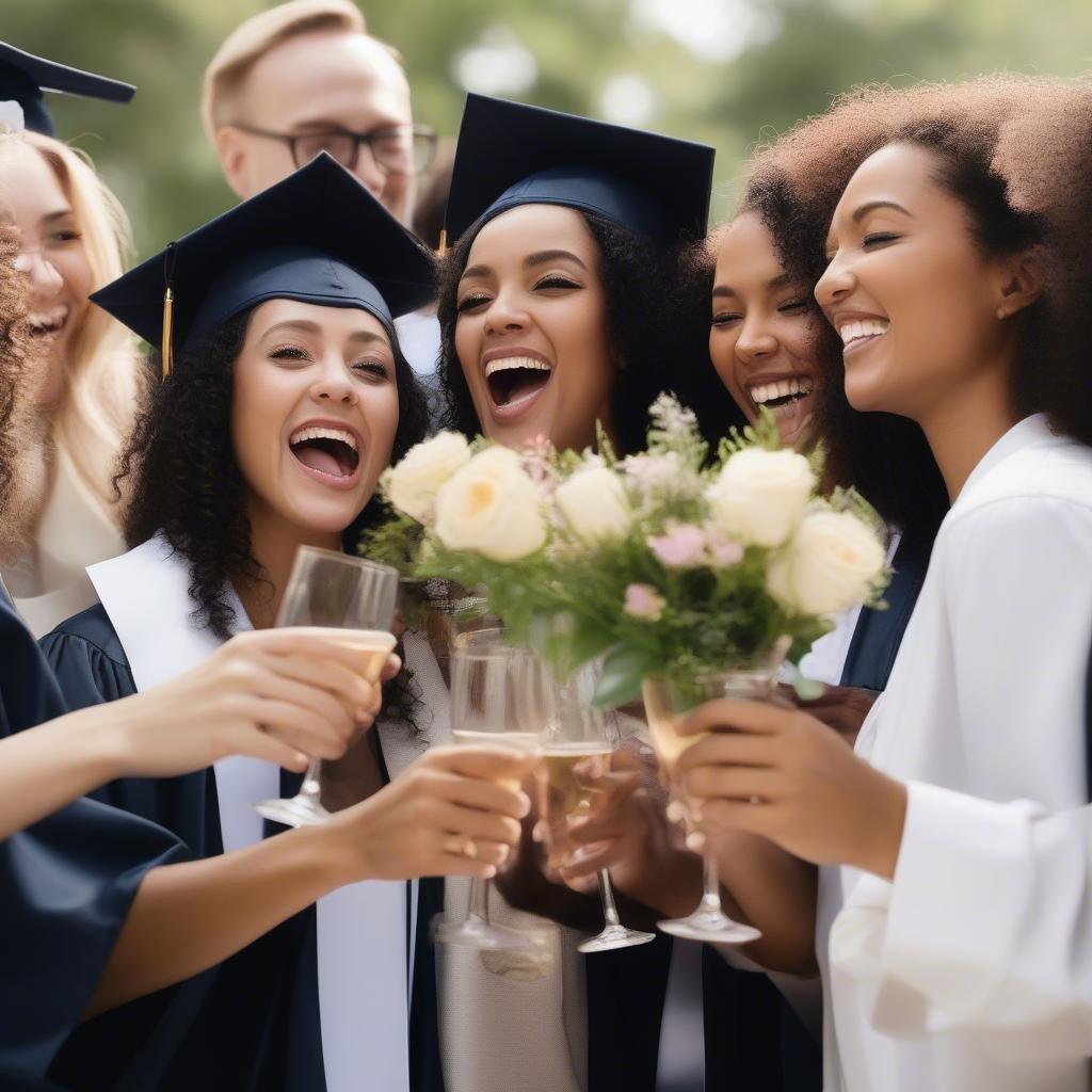 A group of happy young women, donned in graduation caps and gowns, celebrating their academic accomplishments together. They are laughing, hugging, and sharing toasts with champagne.