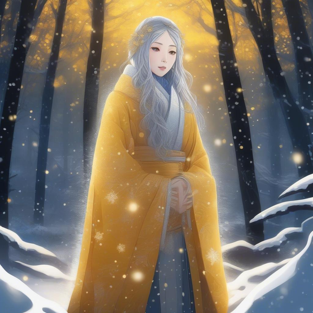 Immerse yourself in the mystical world of anime with this captivating wallpaper featuring a yuki-onna standing in a snowy forest, bathed in warm yellow lights. The detailed digital illustration transports you to a realm of awe and mystery, where the dark background and bright light source create an ethereal atmosphere.