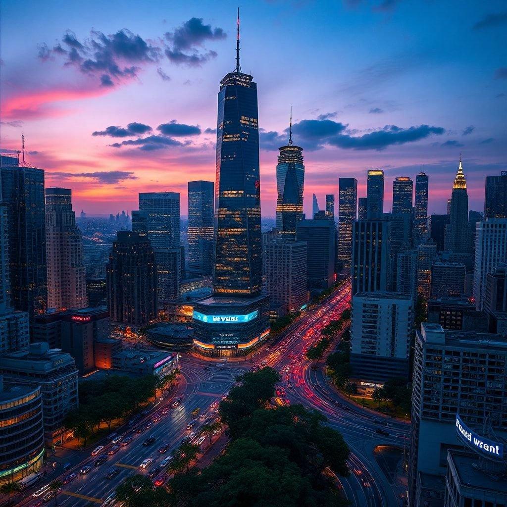 A stunning cityscape at sunset, with a towering skyscraper and a bustling highway, capturing the essence of urban life.