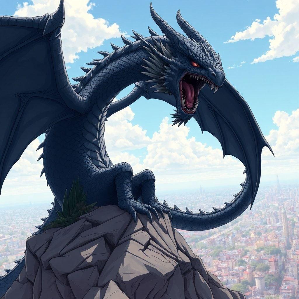 Immerse yourself in the world of anime with this stunning dragon wallpaper. The black dragon, with its eerie head and hooded lord, sits atop a rock, its dark gray body and long tail commanding attention. The distant cityscape below adds depth to the scene, while the light blue sky with cumulus clouds provides a serene backdrop.